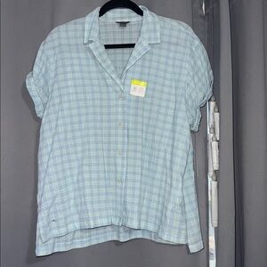 Eddie Bauer Women XL Blue Plaid Button Up Shirt Short Sleeve Casual Top